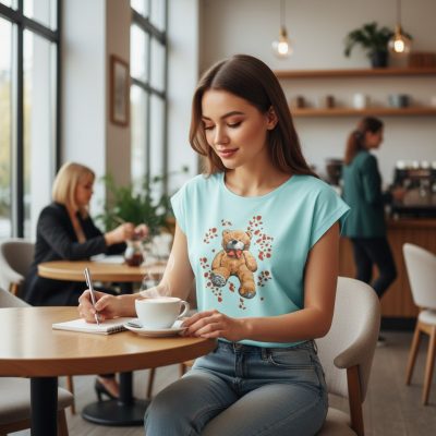 Tricou pentru femei, Bumbac 100%, Ursulet, Bleu