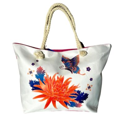 Geanta de plaja, Dimensiune mare, Design Floral, Alb/Rosu