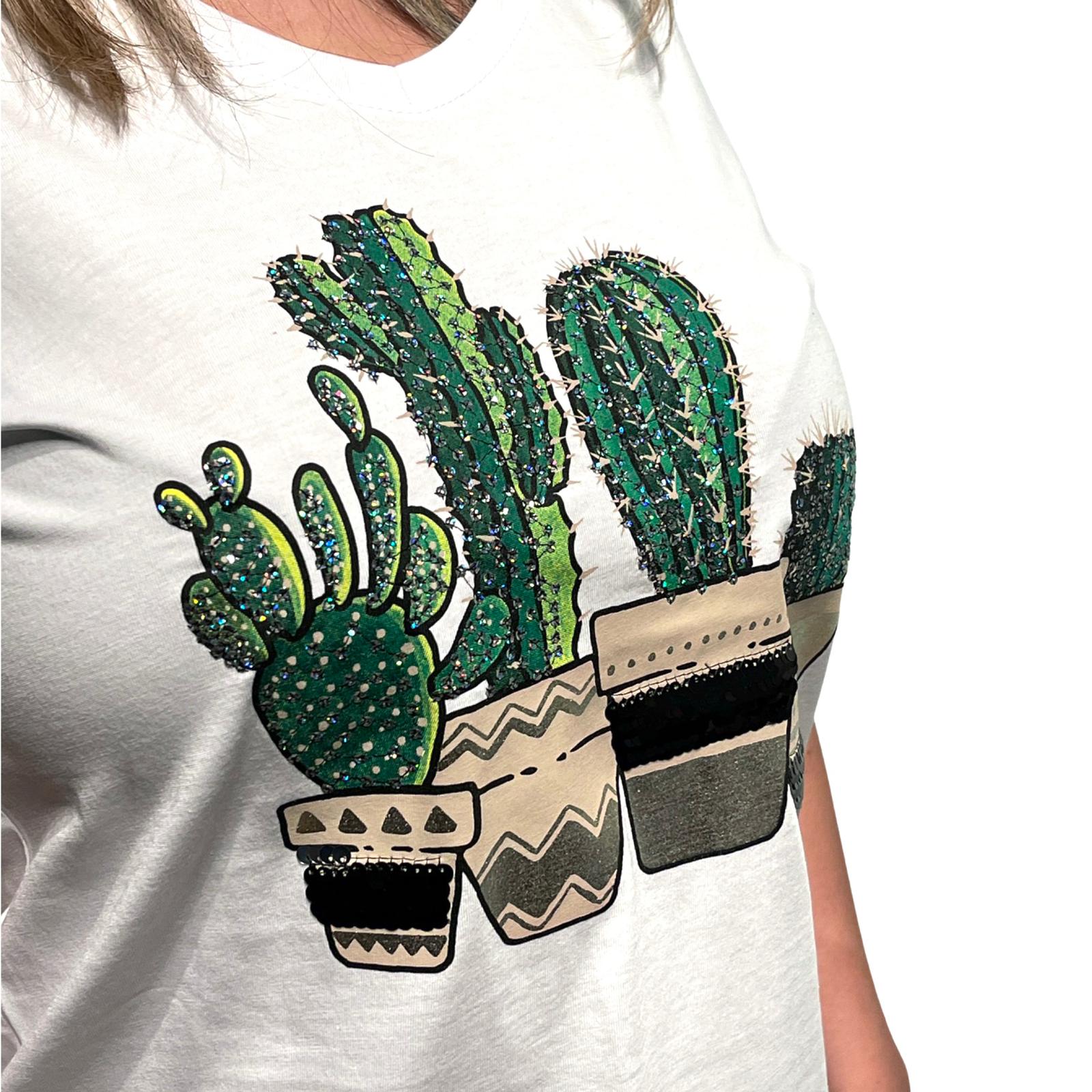 Tricou Femei, 100%, Imprimeu Cactus Paiete, Alb Intisimo