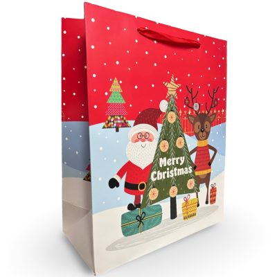 Punga Cadou, Mos Craciun si Renul, Sclipici, 32*26*12 CM, Rosu