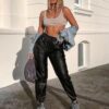 Pantalon din Piele Eco cu Buzunare, Vatuiti, Negru