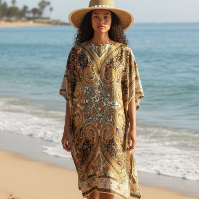 Rochie Plaja, Pareo, Matase si Vascoza, Galben/Multicolor