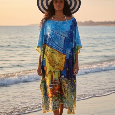 Rochie Plaja, Pareo, Matase si Vascoza, Albastru/Galben/Verde