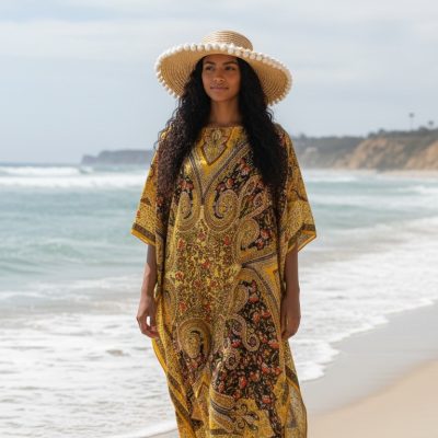 Rochie Plaja, Pareo, Matase si Vascoza, Galben/Negru/Rosu