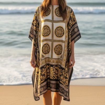 Rochie Plaja, Pareo, Matase si Vascoza, Negru/Galben/Bej