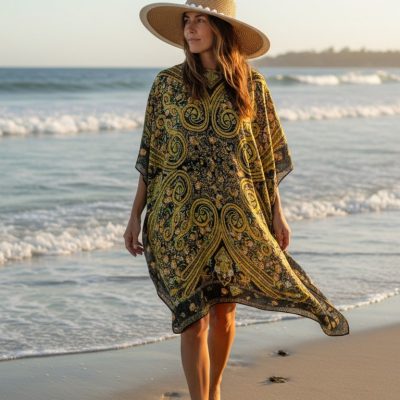 Rochie Plaja, Pareo, Matase si Vascoza, Negru/Galben