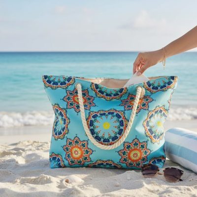 Geanta de plaja, Mare, Fashion, Portofel Cadou, Turcoaz/Alb