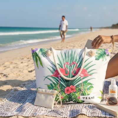 Geanta de plaja, Mare, Flamingo Tropical, Alb/Rosu/Verde