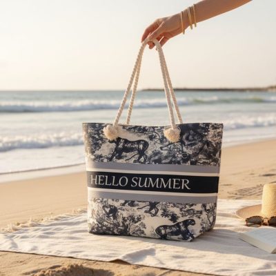 Geanta de plaja, Mare, Hello Summer, Pantera, Bej/Bleumarin