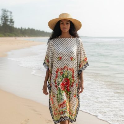 Rochie Plaja, Pareo, Matase si Vascoza, Bej/Rosu