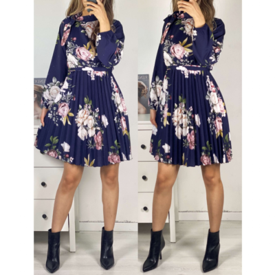 Rochie Dama, Vaporoasa, Midi, Cordon in Talie, Bleumarin