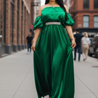 Rochie Dama, Lunga, Satin, Cordon in Talie, Verde
