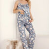 Pijama Satin, Maiou, Pantalon Lung, Model Floral, Bleu/Alb, M->XXL