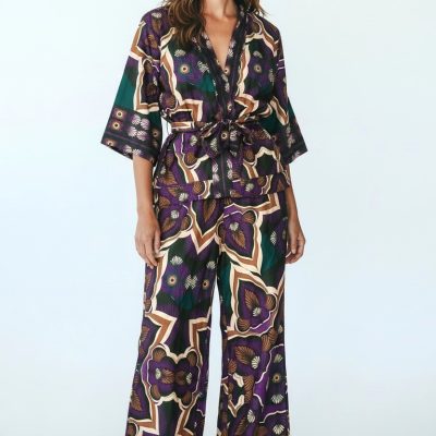 Compleu Dama, Doua Piese, Cu Imprimeu, Satin, Maro/Mov