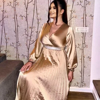 Rochie Satinata, Plisata, Luxury, Cordon in Talie cu Cristale, Auriu