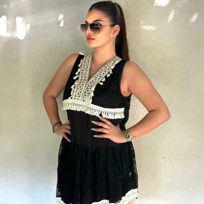 Rochie de Vara, Dantela, Midi, Negru/Alb