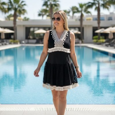 Rochie de Vara, Dantela, Midi, Negru/Alb