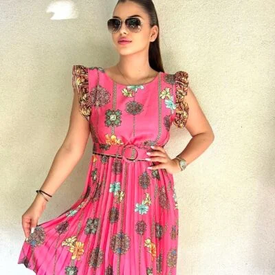Rochie de Vara, Curea in Talie, Trei Sferturi, Roz