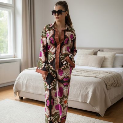 Compleu Dama, Doua Piese, Cu Imprimeu, Satin, Maro/Ciclam