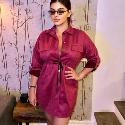 Rochie tip Camasa, Piele Intoarsa, Roz Inchis