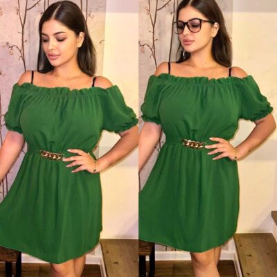 Rochie Dama, Accesoriu in Talie, Midi, Verde