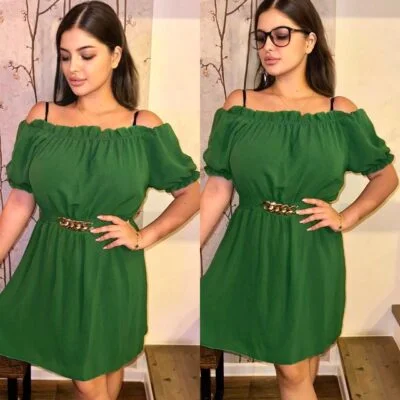 Rochie Dama, Accesoriu in Talie, Midi, Verde
