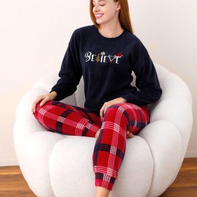 Pijama Dama, De Iarna, Polar, Super Catifelata, Believe, Bleumarin/Rosu