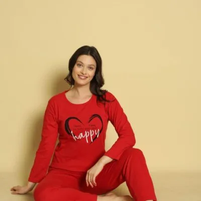 Pijama Femei, Maneca Lunga, Happy, Bumbac, Rosu