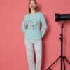 Pijama Femei, Maneca Lunga, Cute, Bumbac, Bleu
