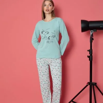 Pijama Femei, Maneca Lunga, Cute, Bumbac, Bleu
