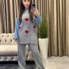 Compleu Tricot Femei, Doua Piese, Over Size, Maneci Denim, Inimi, Gri