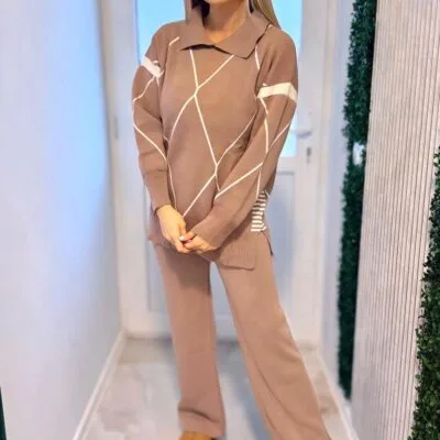 Compleu Tricot Femei, Doua Piese, Insertii, Roz Pudra