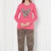 Pijama Femei, Maneca Lunga, Inima, Bumbac, Roz/Animal Print