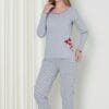 Pijama Femei, Maneca Lunga, Inimioare, Bumbac, Gri