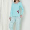 Pijama Femei, Maneca Lunga, Inimioare, Bumbac, Turcoaz