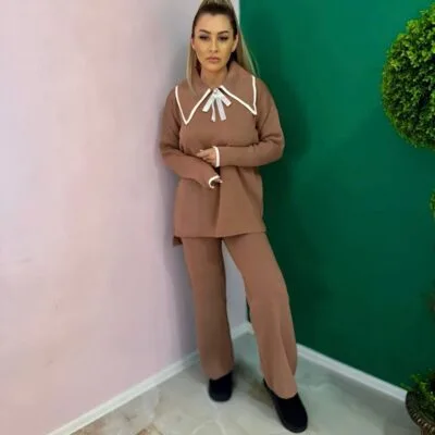 Compleu Tricot Femei, Doua Piese, Funda Alba, Roz Pudra
