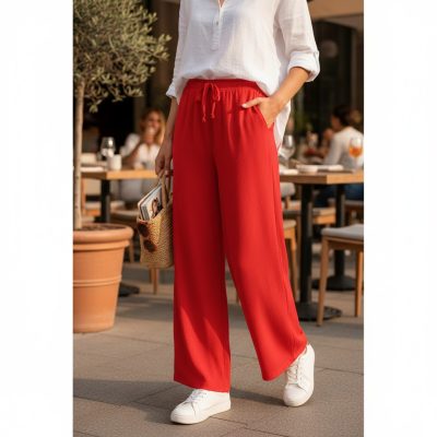 Pantaloni de Vara, Vaporosi, Largi, Cu Buzunare, Rosu