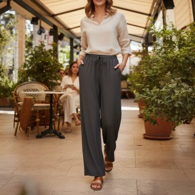 Pantaloni de Vara, Vaporosi, Largi, Cu Buzunare, Gri Inchis