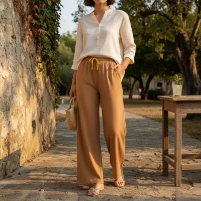 Pantaloni de Vara, Vaporosi, Largi, Cu Buzunare, Maro Deschis