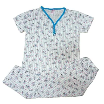 Pijama Femei, Marimi Mari, Tricou, Pantaloni Lungi, Alb/Albastru