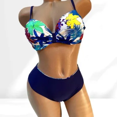 Costum de baie, Doua Piese, Push-Up, Imprimeu Tropical, Bleumarin