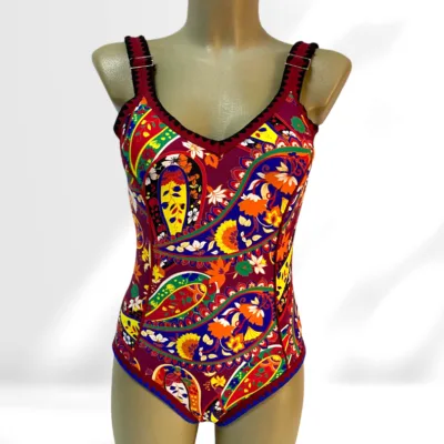 Costum de baie, Intreg, Motive florale, Visiniu