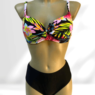 Costum de baie, Doua Piese, Imprimeu Tropical, Negru