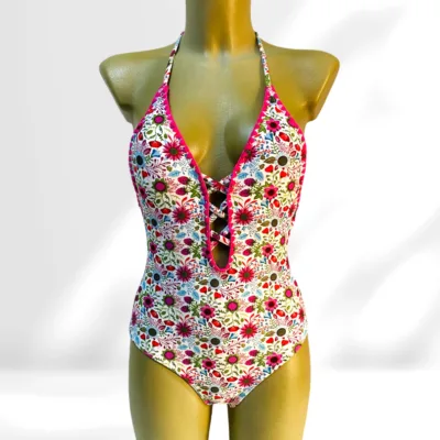 Costum de baie, Intreg, Imprimeu Floral, Alb/Roz