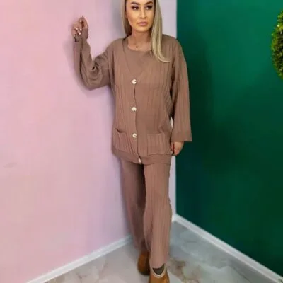 Compleu Tricot Femei, Trei Piese, Nasturi, Roz Pudra