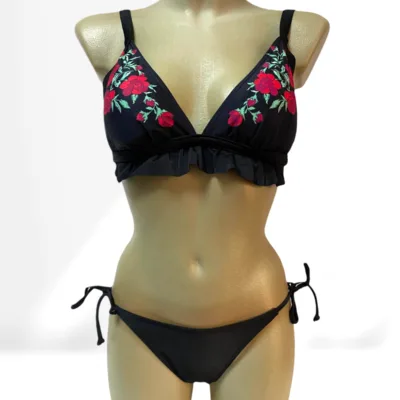 Costum de baie, Doua Piese, Flori, Negru/Rosu