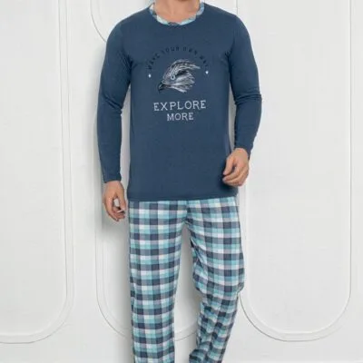 Pijama Barbati, Bluza + Pantaloni lungi, Explore More, Bleumarin