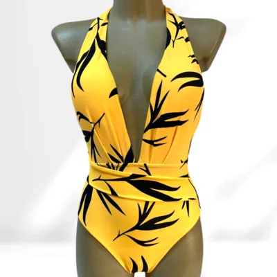 Costum de baie, Intreg, Frunze, Galben/Negru