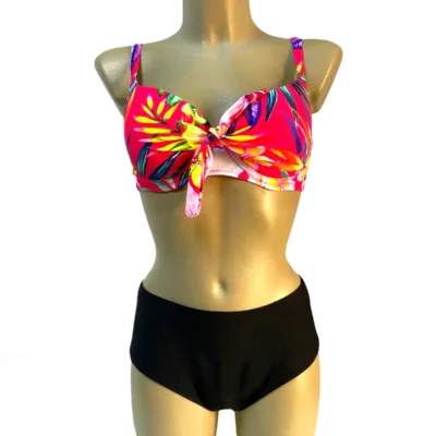 Costum de baie, Doua Piese, Imprimeu Tropical, Roz Neon