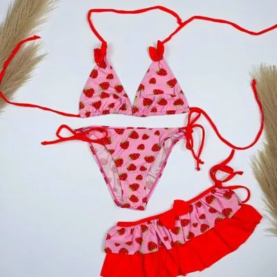 Costum de baie, Trei Piese, Pentru Fetite, Roz, Capsuni